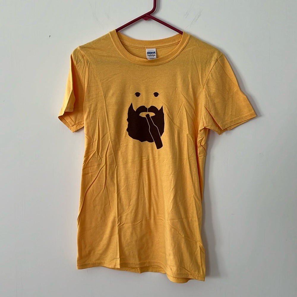 Custom graphic. Beer drinking bearded guy. Gilden softstyle yellow. My design